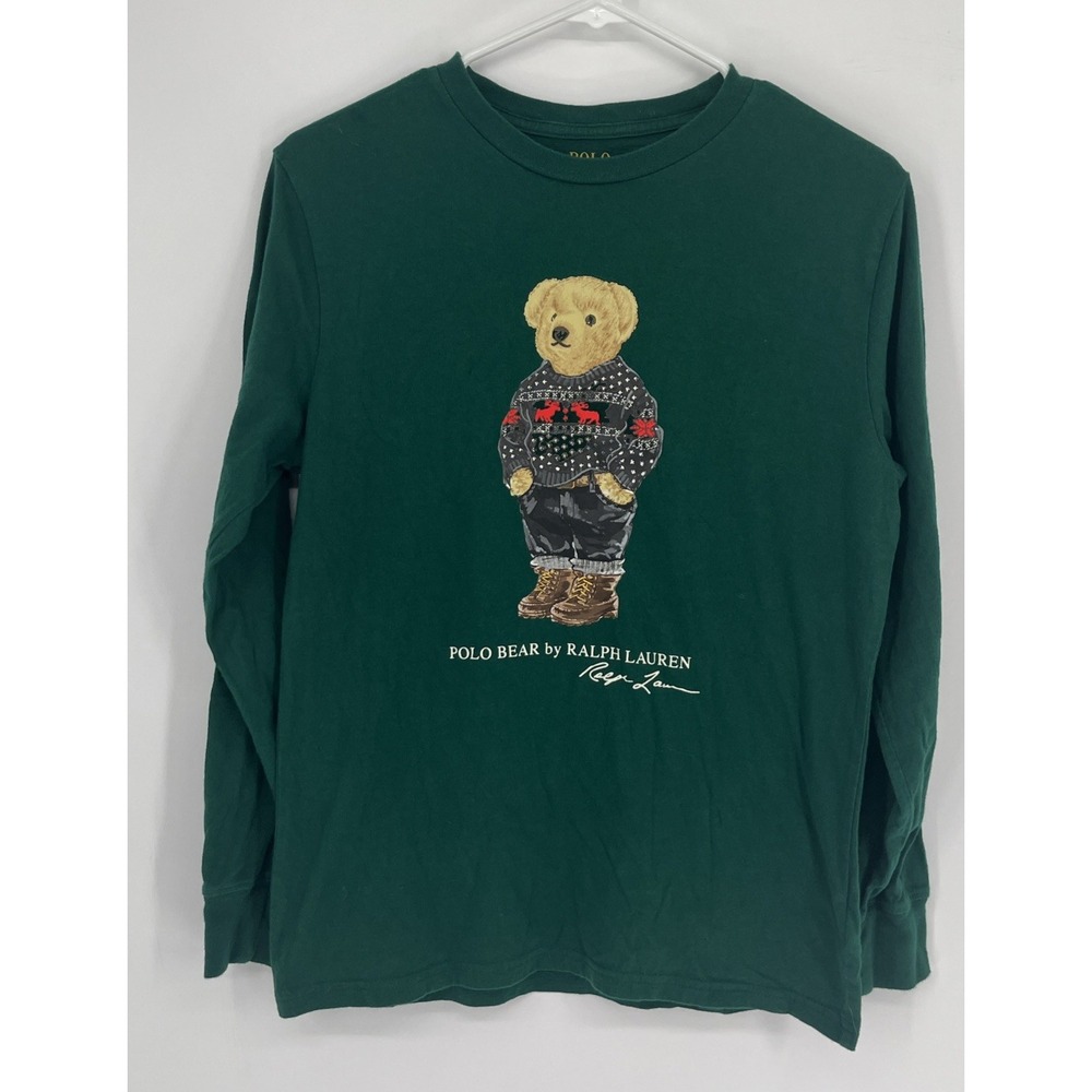 Polo Ralph Lauren Boys Polo Bear Graphic Long Sleeve Green Shirt Sz L (14/16)